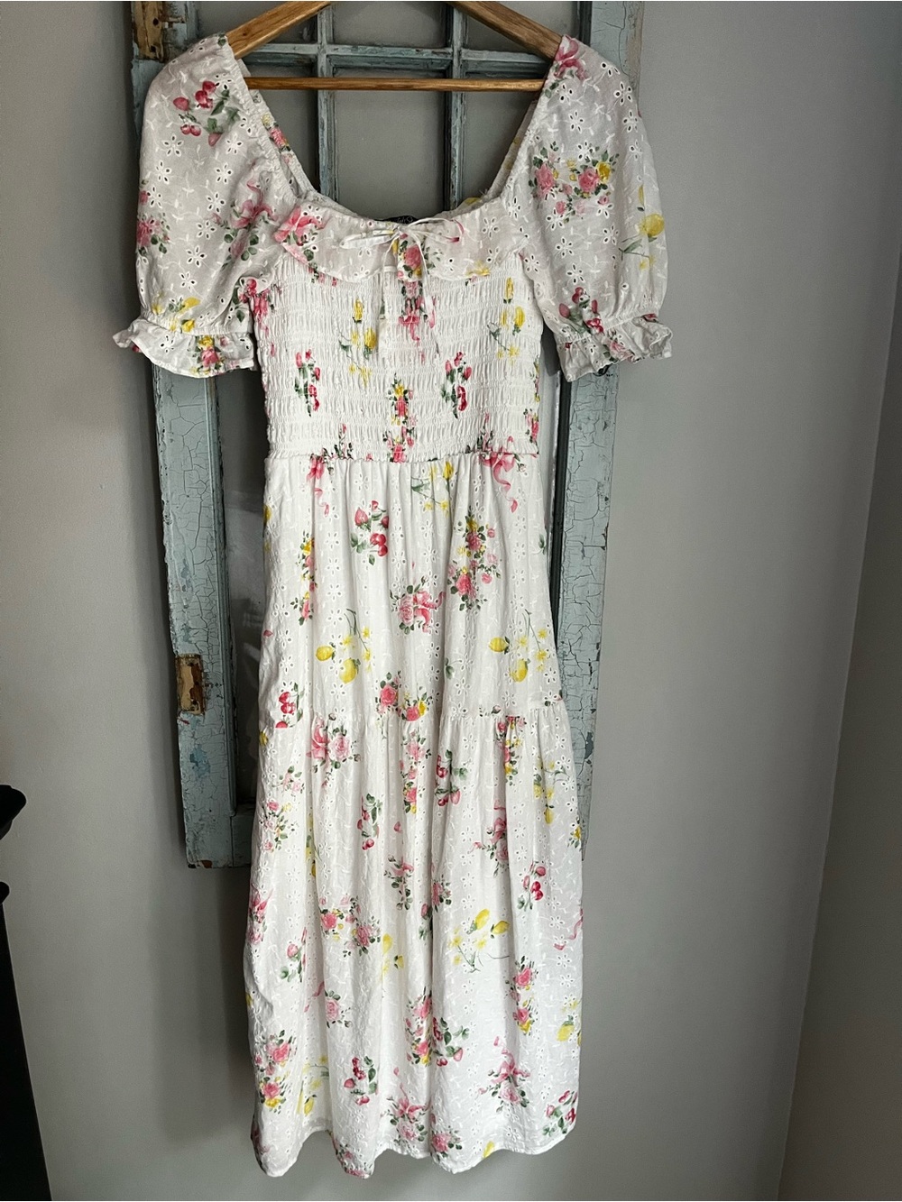 Crystal Sky Floral Eyelet Smocked Midi Dress - Size XS